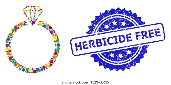 Bright colored collage diamond ring, and Herbicide Free grunge rosette seal. Blue stamp seal has Herbicide Free title inside rosette.
