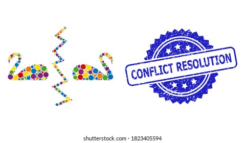 Bright colored collage divorce swans, and Conflict Resolution textured rosette seal print. Blue seal has Conflict Resolution tag inside rosette.