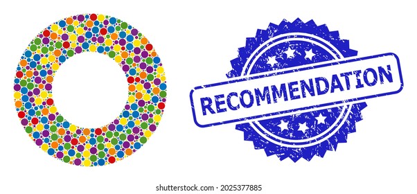 Bright colored collage donut, and Recommendation scratched rosette seal imitation. Blue stamp seal has Recommendation text inside rosette.