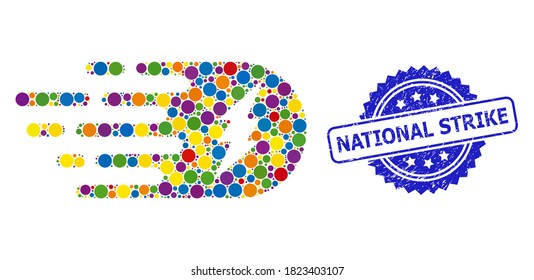 Bright colored collage electric strike, and National Strike corroded rosette stamp seal. Blue stamp seal contains National Strike tag inside rosette.