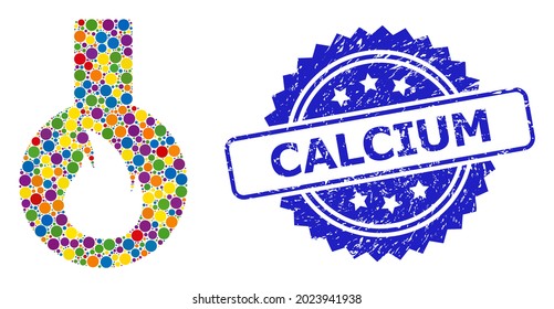 Bright colored collage flammable flask, and Calcium scratched rosette stamp seal. Blue stamp has Calcium title inside rosette.