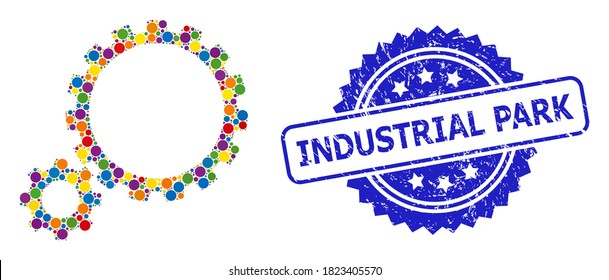 Bright colored collage gear transmission, and Industrial Park unclean rosette stamp. Blue stamp contains Industrial Park tag inside rosette.