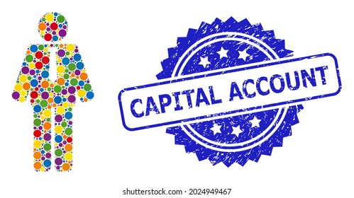 Hellfarbener Collage-Bräutigam und Kapitalkonto korrodierte Rosette-Stempel-Siegel. Das blaue Stempelsiegel enthält den Capital Account-Text in Rosette.