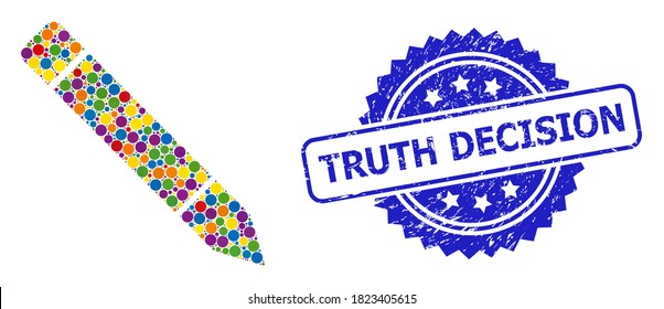 Lápiz de collage de colores vivos y sello de rosette impuro de la decisión de la verdad. El sello azul incluye la etiqueta Truth Decision (decisión de la verdad) dentro de la roseta.