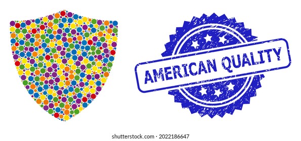 Hellfarbener Collage Protection Schild und American Quality strukturierte Rosette Robbe. Blue Stempel Siegel hat American Quality Text in Rosette.