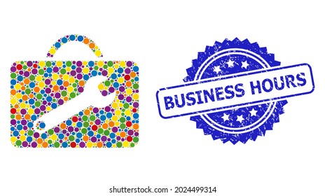Bright colored collage service toolkit, and Business Hours grunge rosette stamp seal. Blue stamp seal includes Business Hours caption inside rosette.