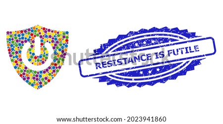 Bright colored collage shield turn off, and Resistance Is Futile corroded rosette seal. Blue stamp seal contains Resistance Is Futile caption inside rosette.