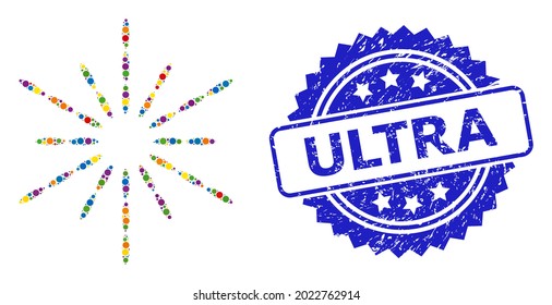 Bright colored collage sun rays, and Ultra dirty rosette stamp seal. Blue stamp includes Ultra title inside rosette. Vector spheric dots are organized into abstract collage sun rays icon.