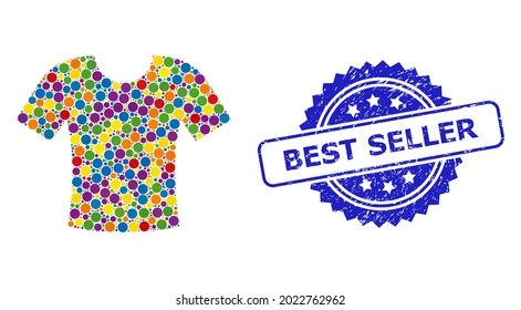 Bright colored collage t-shirt, and Best Seller rubber rosette stamp. Blue stamp has Best Seller text inside rosette. Vector spheric spots are combined into abstract collage t-shirt icon.