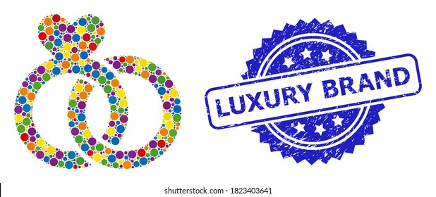 Bright colored collage wedding rings, and Luxury Brand corroded rosette seal imitation. Blue seal has Luxury Brand tag inside rosette.