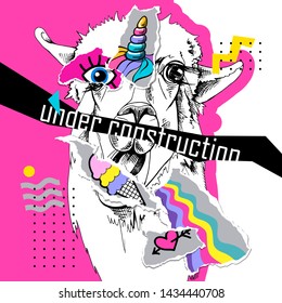 Bright colored collage in a Zine Culture style. Llama with a rainbow unicorn mask, ice cream and heart stickers. Humor card, t-shirt composition, hand drawn style print. Vector illustration.