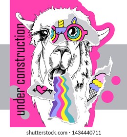 Bright colored collage in a Zine Culture style. Llama with a rainbow unicorn mask, ice cream and heart stickers. Humor card, t-shirt composition, hand drawn style print. Vector illustration.