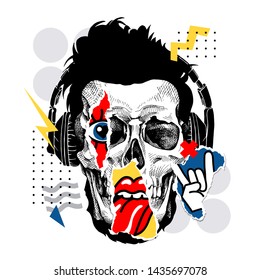 Bright colored collage in a Zine Culture style. Human skull with a eye, lips and rock symbol stickers. Humor card, t-shirt composition, hand drawn style print. Vector illustration.