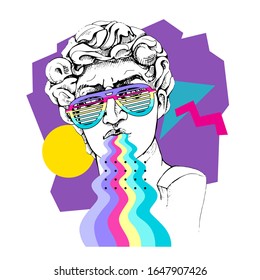 Bright colored collage in a Zine Culture style. Plaster head statue in a rainbow glasses with a different geometry form. Humor poster, t-shirt composition, hand drawn style print. Vector illustration.