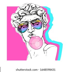 Bright colored collage in a Zine Culture style. Plaster head statue in a rainbow glasses with a pink bubble gum. Humor poster, t-shirt composition, hand drawn style print. Vector illustration.