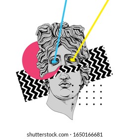 Bright colored collage in a Zine Culture style. Apollo Plaster head statue with a geometry form. Humor poster, t-shirt composition, hand drawn style print. Vector illustration.