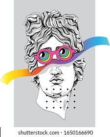 Bright colored collage in a Zine Culture style. Apollo Plaster head statue in a Eyes glasses mask with a geometry form. Humor poster, t-shirt composition, hand drawn style print. Vector illustration.