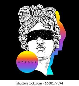 Bright colored collage in a Zine Culture style. Plaster head Apollo statue in a space Eyes glasses mask. Humor poster, t-shirt composition, hand drawn style print. Vector illustration.