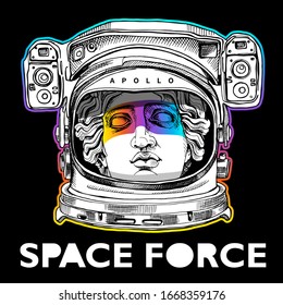 Bright colored collage in a Zine Culture style. Plaster head Apollo statue in a space Astronaut's helmet. Humor poster, t-shirt composition, hand drawn style print. Vector illustration.