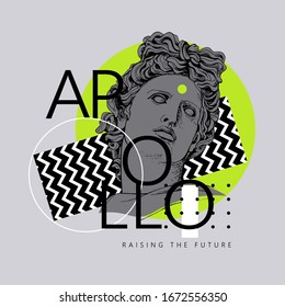 Bright colored collage in a Zine Culture style. Apollo Plaster head statue with a geometry form. Humor poster, t-shirt composition, hand drawn style print. Vector illustration.