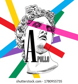 Bright colored collage in a Zine Culture style. Apollo Plaster head statue with a rainbow tape. Humor poster, t-shirt composition, hand drawn style print. Vector illustration.