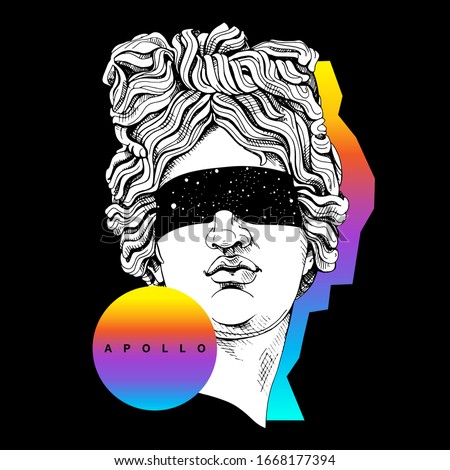 Bright colored collage in a Zine Culture style. Plaster head Apollo statue in a space Eyes glasses mask. Humor poster, t-shirt composition, hand drawn style print. Vector illustration.
