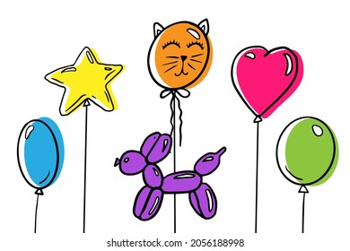 Bright colored collection of hand drawn balloons of different shapes. Vector doodle illustration isolated on white background for greeting birthday or anniversary card, poster, invitation design.