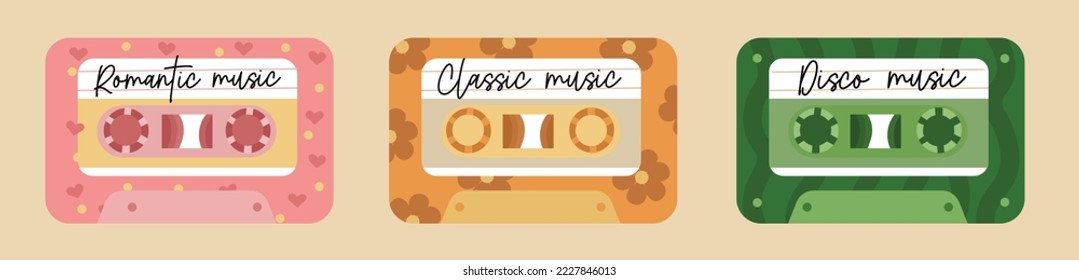Bright colored collection of retro music cassette set. Cool y2k vector illustration of 80s and 90s design. Perfect for sticker, poster, print.