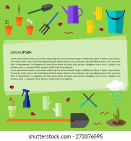 bright colored conceptual illustration with garden tools isolated on fresh green background on the theme of spring gardening for use in design