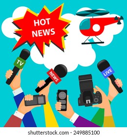 bright colored conceptual illustration in a trendy flat style on the theme of breaking news with the helicopter and the hands holding microphones and camera