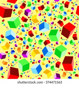 Bright colored cubes on a yellow background, vector seamless pattern.