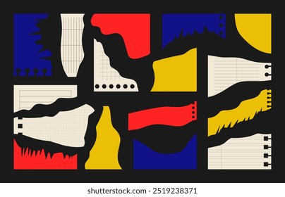 Bright colored cut and torn collage paper sheet. Notebook page for scrapbook.