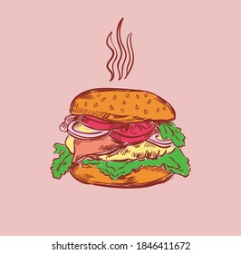 
bright colored cute illustration of fast food on a colored background