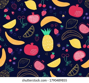 Bright colored cute pattern with hand drawn fruit. Vector pattern with doodle bananas, lemons, strawberries, pineapples and pomegranate. Fruit mix design for textiles, fabric, home decor