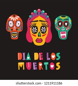 Bright colored decorative composition with Dia De Los Muertos inscription, Mexican calaveras or skulls, Catrina's face. Festive vector illustration for Day of The Dead, cultural event celebration.