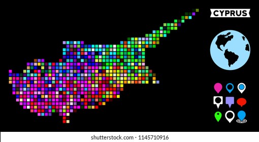 Bright colored dotted halftone Cyprus Island map. Geographic map in bright random colors on a black background. Vector pattern of Cyprus Island map done of square items.