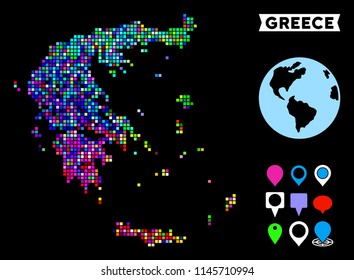 Bright colored dotted halftone Greece map. Geographic map in bright random colors on a black background. Vector concept of Greece map made of rectangle spots.