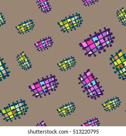 Bright colored drawing objects, lines, abstraction. Vector seamless pattern.