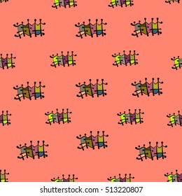 Bright colored drawing objects, lines, abstraction. Vector seamless pattern.