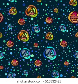 Bright colored drawing objects, lines, abstraction. Vector seamless pattern.