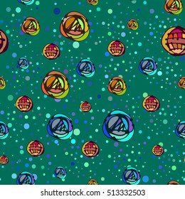 Bright colored drawing objects, lines, abstraction. Vector seamless pattern.
