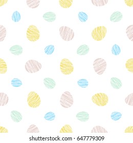 Bright colored eggs on the white background. Seamless scratched pattern. Simple abstract texture. Easter motif. For decoration, wallpaper, web page bg.