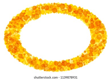 Bright colored elliptical frame. Sparkling translucent dots in the colors yellow to orange forming a ring pattern. Sunny background and decor. Illustration on white background. Vector.