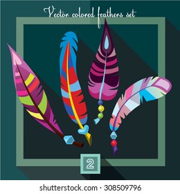 Bright colored feathers with beads on a emerald green background.  Vector set