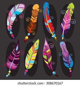 Bright colored feathers with beads on a emerald green background.  Vector big set. Beige background