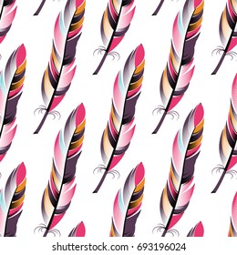 Bright colored feathers on a white background. Seamless pattern of Boho style