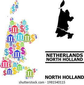 Bright colored finance and dollar mosaic and solid map of North Holland. Map of North Holland vector mosaic for advertisement campaigns and applications.