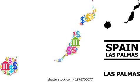 Bright colored finance and economics mosaic and solid map of Las Palmas Province. Map of Las Palmas Province vector mosaic for geographic campaigns and proclamations.