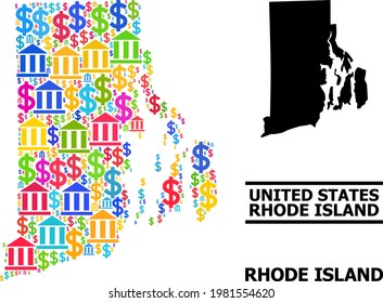 Bright colored financial and business mosaic and solid map of Rhode Island State. Map of Rhode Island State vector mosaic for business campaigns and posters.