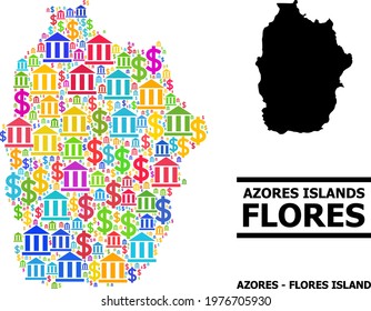 Bright colored financial and dollar mosaic and solid map of Azores - Flores Island. Map of Azores - Flores Island vector mosaic for geographic campaigns and posters.